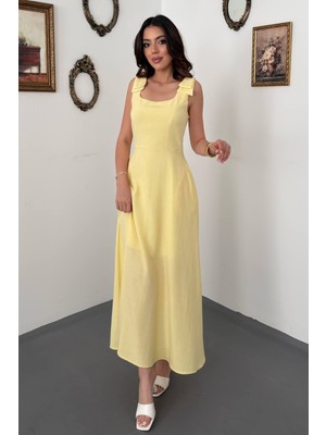 Moda Days Kadın Sarı Fiyonklu Askılı Kare Yaka Beli Oturan Kloş Maxi Elbise