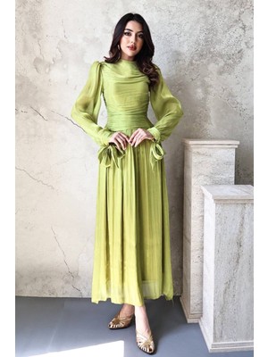 Moda Days Kadın Yağ Yeşili Uzun Büzgülü Manşetli Kuşaklı Pileli Astarlı Davet Elbisesi