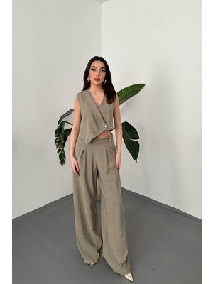 Moda Days Kadın Haki Yelek-Pantolon Takım Asimetrik Yelekli Geniş Paça Pantolonlu Dokuma Takım