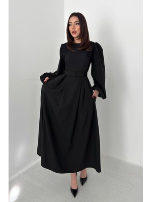 Moda Days Kadın Siyah Dantel Detaylı Kemerli Balon Kollu Midi Kloş Elbise