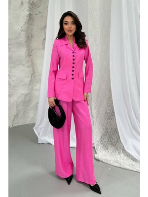 Moda Days Kadın Pembe Kuplu Ceket Pantolon Takım Ceket Yaka Düğmeli Geniş Paça Dokuma