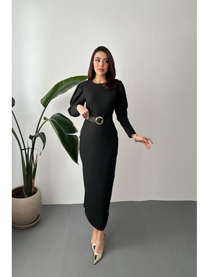 Moda Days Kadın Siyah Midi Kalem Elbise Bisiklet Yaka Pileli Omuzlu Kemerli Uzun Kollu