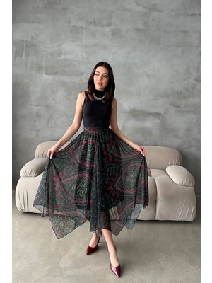 Moda Days Kadın Siyah Desenli Şifon Astarlı Lastikli Bel Dilimli Maxi Etek