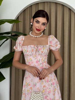 Moda Days Kadın Pembe Midi Elbise Kare Yaka Balon Kollu Çiçek Desenli Yırtmaçlı Poplin