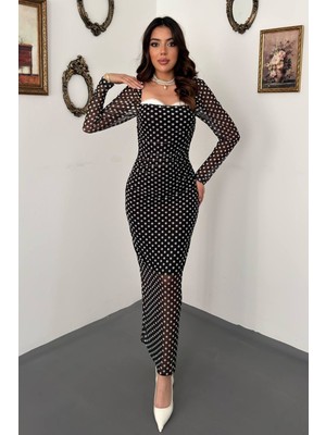 Moda Days Kadın Siyah Puantiyeli Tül Maxi Elbise Kare Yaka Uzun Kollu Astarlı Dar Kesim