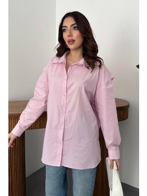 Moda Days Kadın Pembe Gömlek Arkası Lastikli Pamuklu Uzun Kollu Düğmeli Düz Tasarım