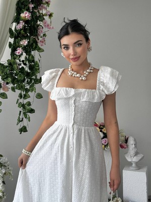 Moda Days Kadın Beyaz Midi Elbise Kare Yaka Fırfırlı Kısa Kollu Düğme Detaylı Poplin
