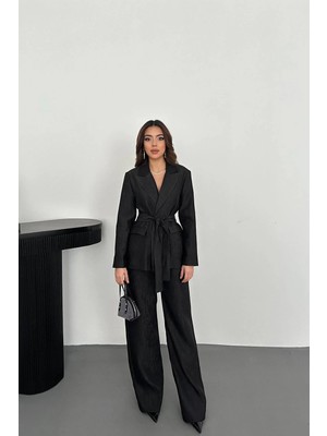 Moda Days Kadın Siyah Ceket Pantolon Takım Parlak Dokulu Kuşaklı Geniş Paça Ceket Yaka