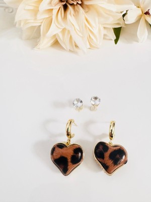 Devi Fashion Leopar Kalp ve Tek Taş Gold 2’li Küpe Seti 4 cm
