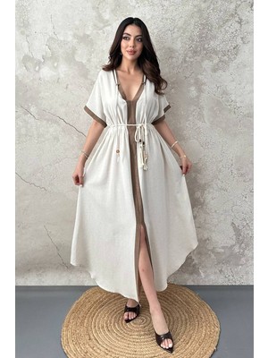 Moda Days Kadın Bej Maxi V Yaka Biyeli Kuşaklı Kısa Kollu Kloş Dokuma Elbise