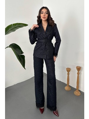 Moda Days Kadın Lacivert Alt - Üst Takım Kemerli Dantel Detaylı Kruvaze Ceket Geniş Paça Pantolon Takım