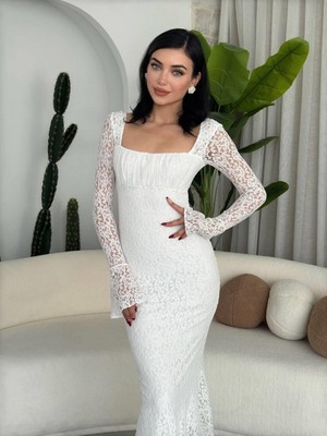 Moda Days Kadın Beyaz Midi Elbise Kare Yaka Uzun Dantel Kollu Drapeli Abiye