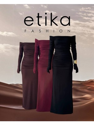 Moda Days Kadın Kahve Kayık Yaka Drapeli Uzun Kollu Yırtmaç Detaylı Elbise