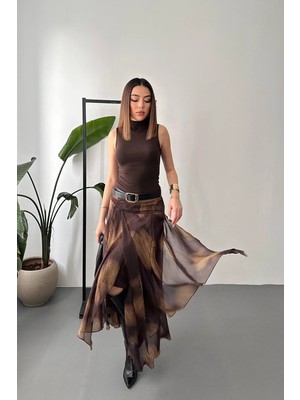 Moda Days Kadın Kahverengi Etek Şifon Desenli Büzgülü Yırtmaçlı Astarlı Uzun Asimetrik Etek