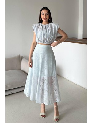 Moda Days Kadın Mavi Bluz Etek Takım Ajurlu Dokulu Crop Bluz Yüksek Bel Midi Kloş Etek