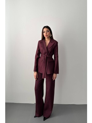 Moda Days Kadın Mürdüm Ceket Pantolon Takım Parlak Dokulu Kuşaklı Geniş Paça Ceket Yaka