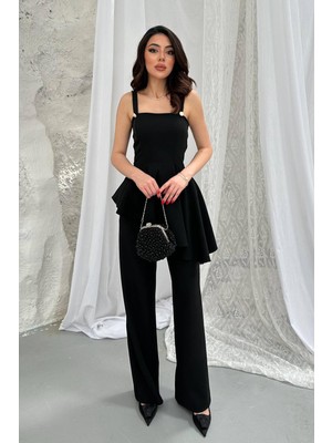 Moda Days Kadın Siyah Askılı Kare Yaka Peplum Volanlı Geniş Paça Bluz Pantolon Takım