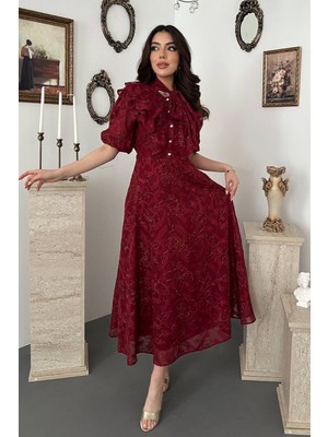 Moda Days Kadın Kırmızı Fiyonklu Fular Yakalı Balon Kollu Astarlı Çiçek Desenli Midi Elbise
