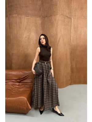Moda Days Kadın Kahverengi Maxi Etek Ekose Yüksek Bel Kemer Görünümlü Yırtmaçlı Dokuma