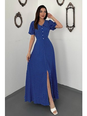 Moda Days Kadın Saks Puantiyeli V Yaka Düğmeli Kısa Kollu Yırtmaçlı Kloş Maxi Elbise