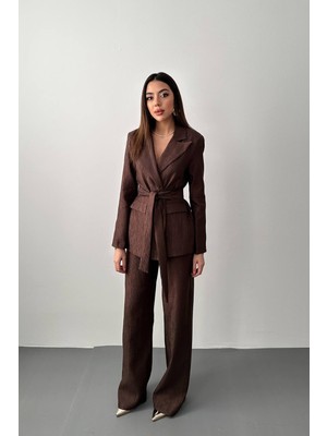 Moda Days Kadın Kahverengi Ceket Pantolon Takım Parlak Dokulu Kuşaklı Geniş Paça Ceket Yaka