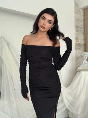 Moda Days Kadın Siyah Kayık Yaka Drapeli Uzun Kollu Yırtmaç Detaylı Elbise