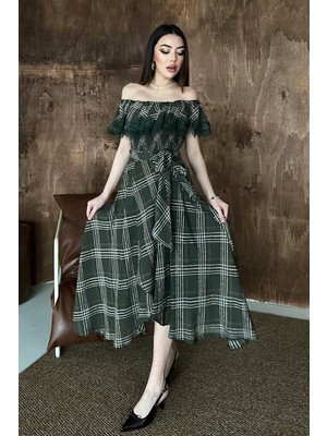 Moda Days Kadın Haki Ekoseli Carmen Yaka Dantel Detaylı Kuşaklı Midi A-Line Elbise