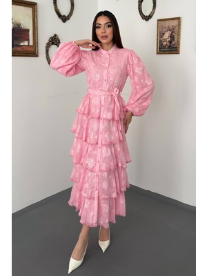 Moda Days Kadın Pembe Uzun Elbise Hakim Yaka Düğmeli Kuşaklı Volanlı Çiçek Dokulu