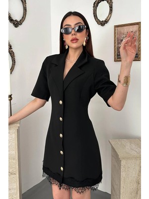 Moda Days Kadın Siyah Dantel Etek Uçlu Gold Düğmeli Ceket Yaka Mini Boy Kısa Kollu Ceket