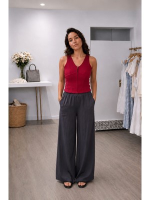 Mare Butik Beli Lastikli Geniş Paça Keten Pantolon Xxl - Antrasit