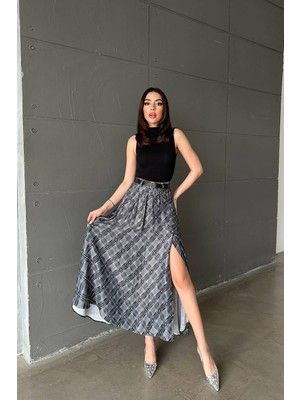 Moda Days Kadın Siyah Ekose Desenli Yüksek Bel Yırtmaçlı A Kesim Maxi Etek