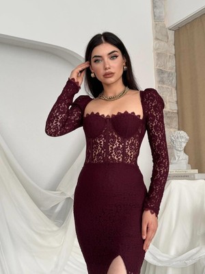 Moda Days Kadın Mürdüm Midi Elbise Dantel Detaylı Yırtmaçlı Uzun Kollu Kalp Yaka