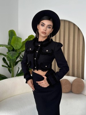 Moda Days Kadın Siyah Ceket-Etek Takım Dokulu Düğmeli Cep Detaylı Crop Ceket Kalem Midi Etek Takım