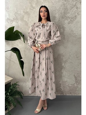 Moda Days Kadın Vizon Alt-Üst Takım Bluz Etek Takım Çizgili Çiçek Desenli Fular Yakalı Uzun Kollu Pileli