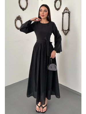 Moda Days Kadın Siyah Uzun Kollu Dantel Manşetli Kuşaklı A Kesim Maxi Elbise
