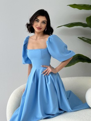 Moda Days Kadın Bebe Mavi̇si̇ Midi Elbise Kare Yaka Balon Kollu Pileli A Kesim Dokuma