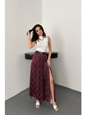 Moda Days Kadın Mürdüm Ekose Desenli Yüksek Bel Yırtmaçlı A Kesim Maxi Etek