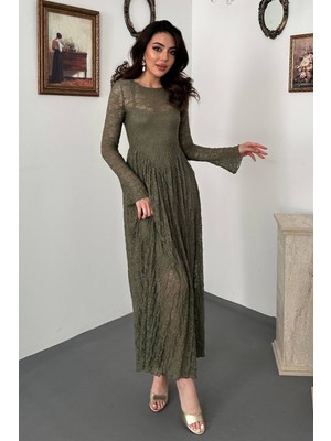 Moda Days Kadın Haki Uzun Kollu Astarlı Dantel Maxi Elbise Bisiklet Yaka Kloş Etek