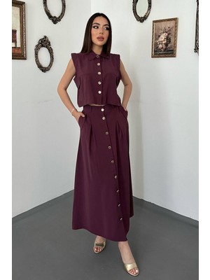 Moda Days Kadın Mürdüm Yelek Etek Takım Gömlek Yakalı Crop Düğmeli Uzun Etekli