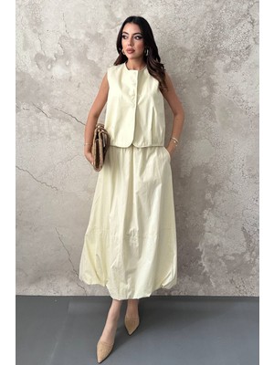 Moda Days Kadın Sarı Poplin Yelek Etek Takım Kolsuz Düğmeli Lastik Belli Uzun