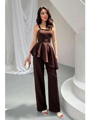 Moda Days Kadın Kahverengi Askılı Kare Yaka Peplum Volanlı Geniş Paça Bluz Pantolon Takım