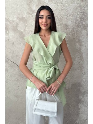 Moda Days Kadın Kruvaze Yaka Volanlı Kolsuz Kuşaklı Lyosel Karışımlı Bluz