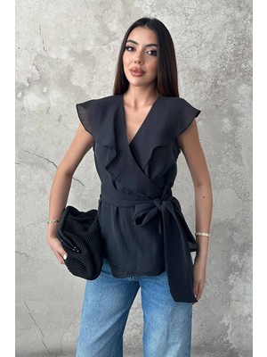Moda Days Kadın Kruvaze V Yaka Volanlı Belden Bağlamalı Kolsuz Bluz