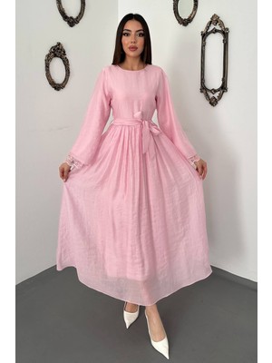 Moda Days Kadın Pembe Uzun Kollu Dantel Manşetli Kuşaklı A Kesim Maxi Elbise