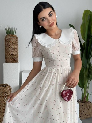 Moda Days Kadın Bej Midi Elbise Kalp Desenli Bebek Yaka Inci Düğmeli Balon Kollu