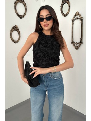 Moda Days Kadın Siyah Gül Aplike Detaylı Kolsuz Yuvarlak Yaka Astarlı Dokuma Bluz