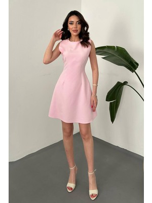 Moda Days Kadın Açık Pembe Kolsuz Mini Elbise Bisiklet Yaka Bel Oturan A Kesim Düz