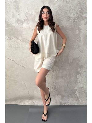 Moda Days Kadın Bej Şortlu Takım Kolsuz Yuvarlak Yaka Dikiş Detaylı Cepli Pamuklu