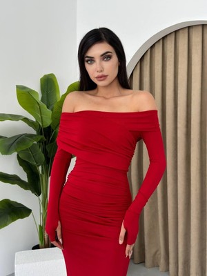 Moda Days Kadın Kirmizi Kayık Yaka Drapeli Uzun Kollu Büzgülü Midi Kalem Elbise