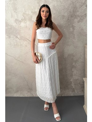 Moda Days Kadın Beyaz Alt - Üst Takım Askılı Dantel Crop Bluz ve Yüksek Bel Fırfırlı Uzun Etek Takımı